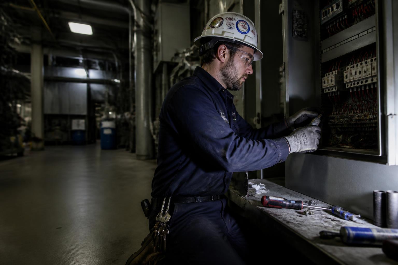 Técnico da AMAN realizando manutenção elétrica em painel industrial.
